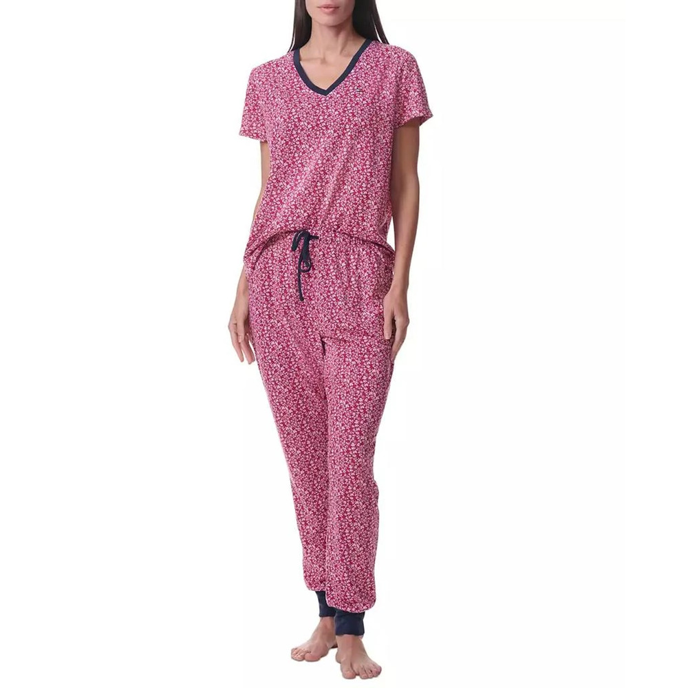 Tommy Hilfiger T-Shirt & Joggers Pajama Set Women's S Red Floral Pockets Logo